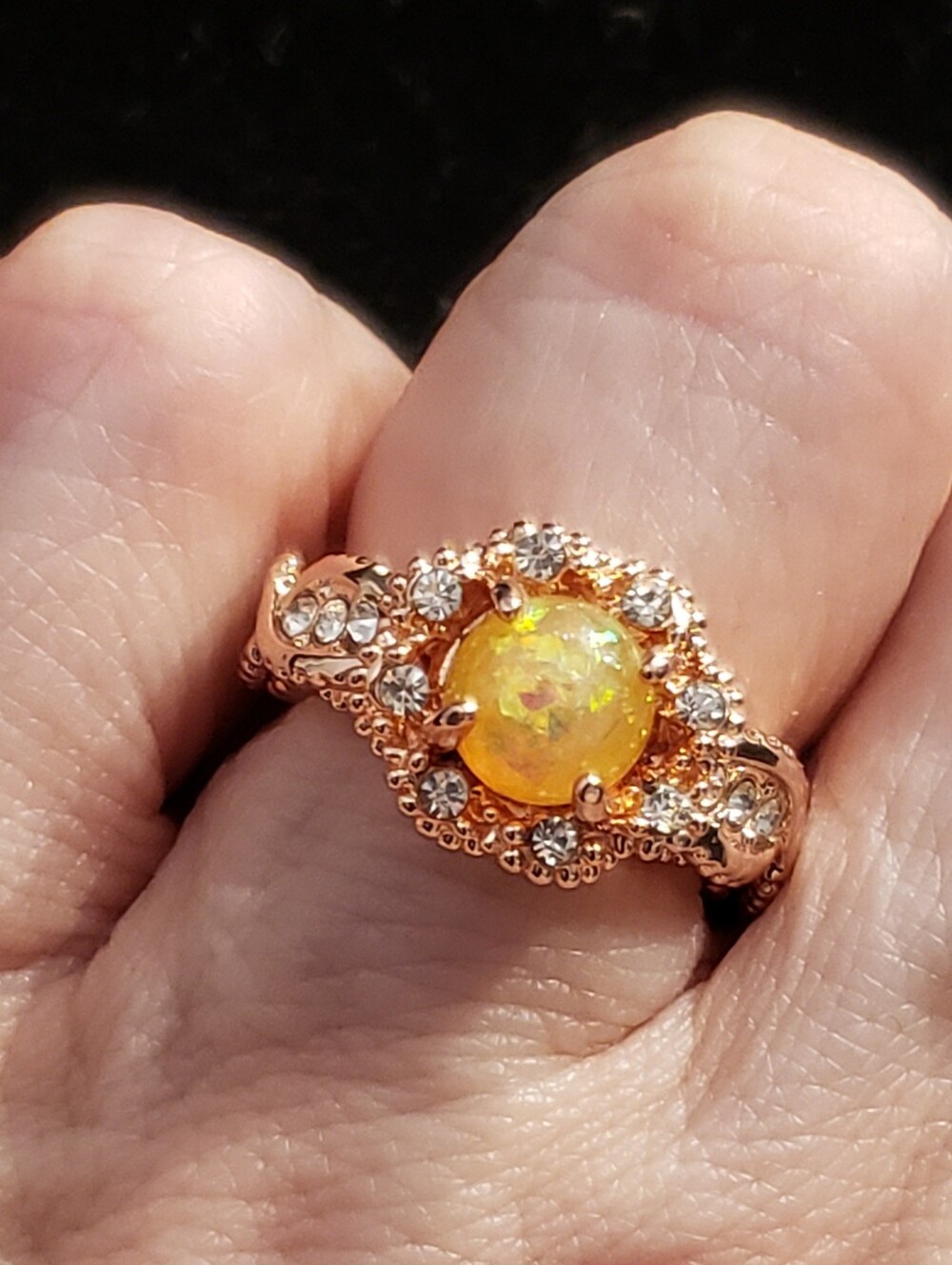 New Opal Fashion Ring In Rose Goldtone, Halo Style, Size 5, So Intricate- Flash!